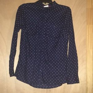 ☀️Navy Blue women’s button up blouse polka dots